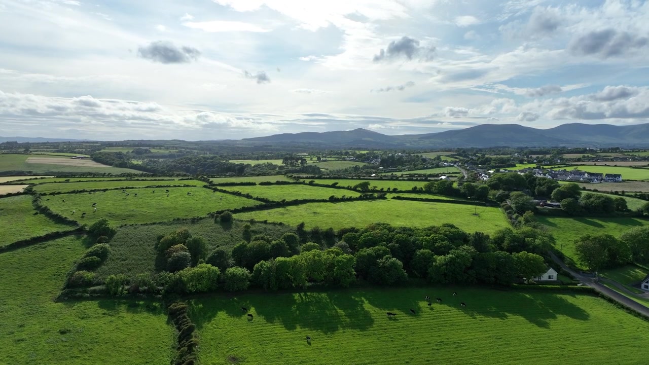 Aerial evening light green lush farmland wooded forests patchwork fields and distant mountains Rural Waterford Ireland summer evening