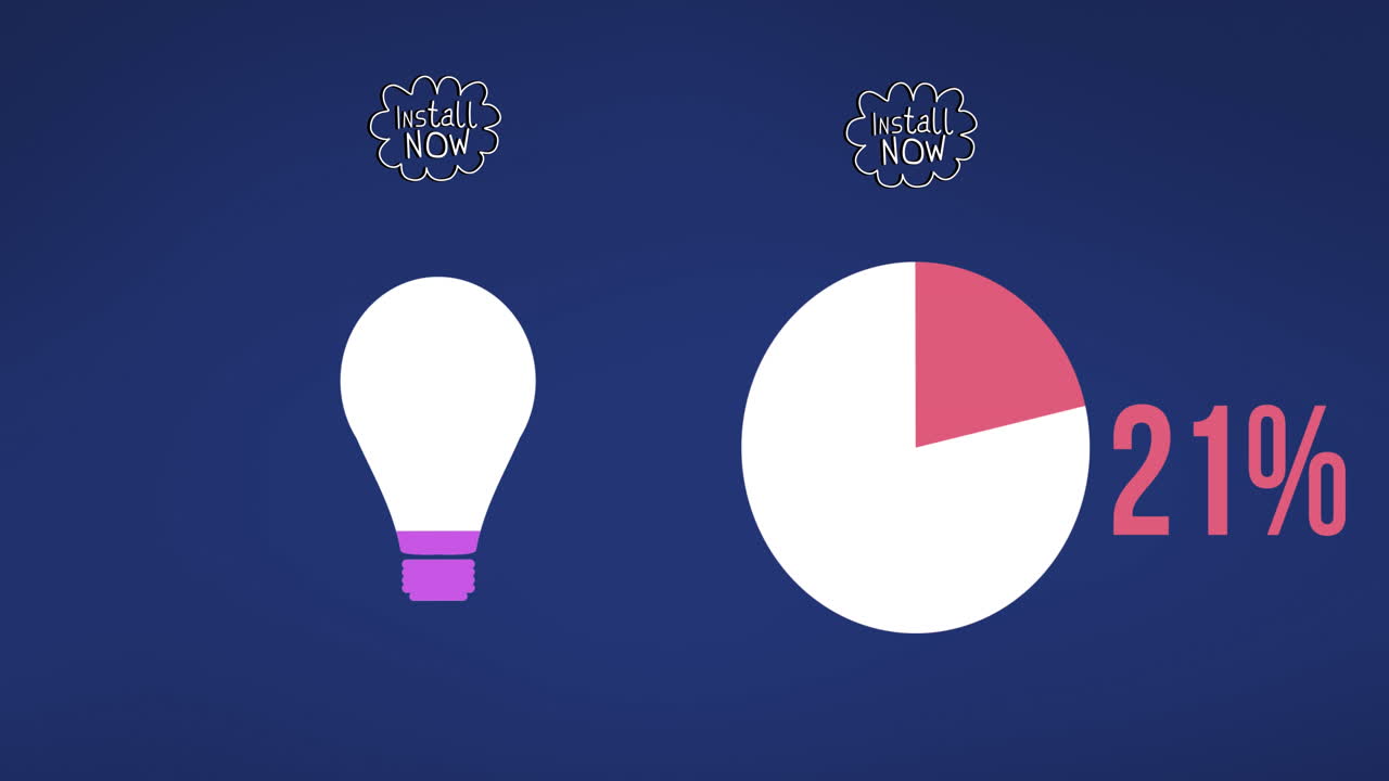 animación de instalar ni, icono de bombilla y gráfico circular con porcentaje de crecimiento en fondo azul