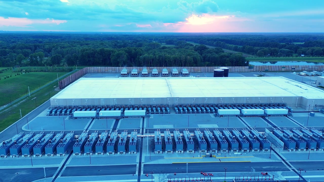 Luftfoto af et datacenteranlæg med kølesystemer i New Albany, Ohio