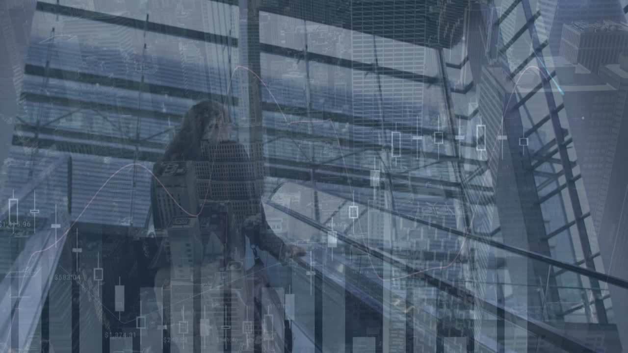 계단 위에 있는 백인 사업가 여성에 대한 데이터 처리의 애니메이션