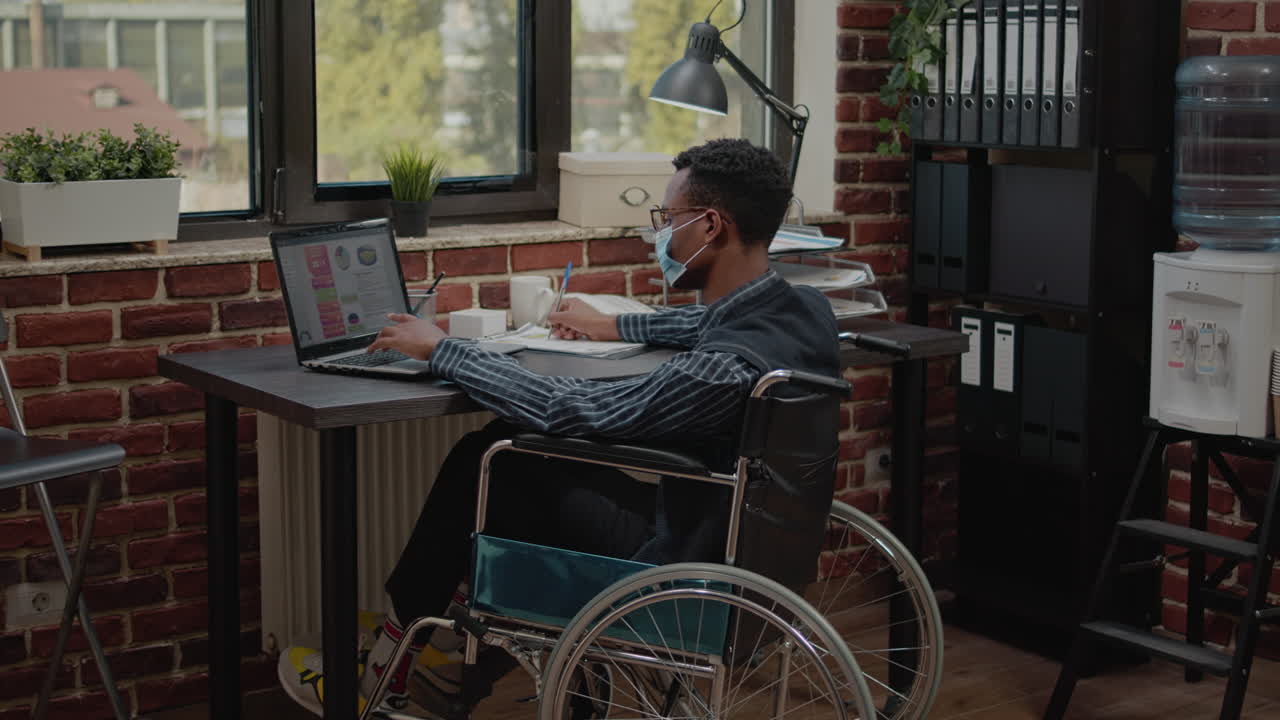 Worker sitting in wheelchair and planning business project