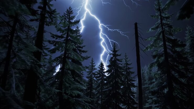 Notte tempestosa nella foresta innevata