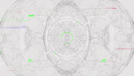 Animation of interference and scope scanning over globe of connections on white background