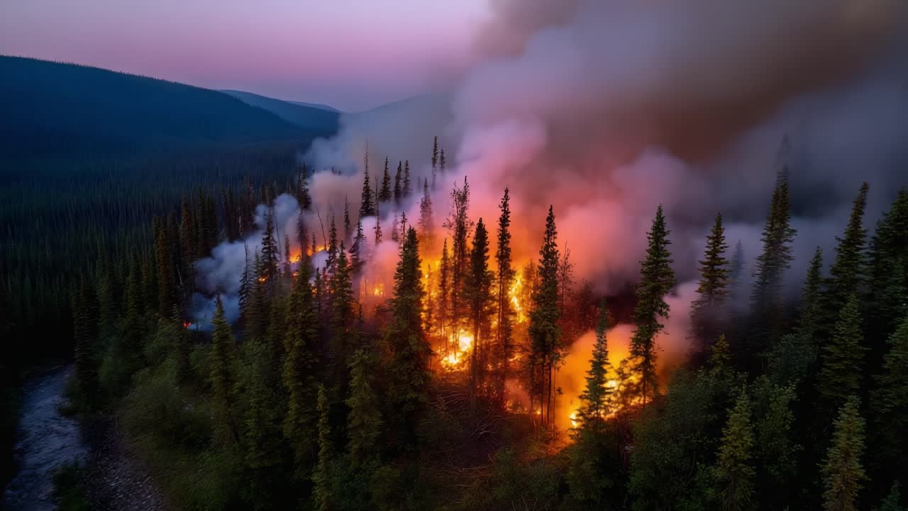 Dramatic Evolution of a Forest Fire: Flames and Smoke Devour Trees in a Dying Light, Showcasing Nature's Fury and the Impact of Wildfires on Ecosystems