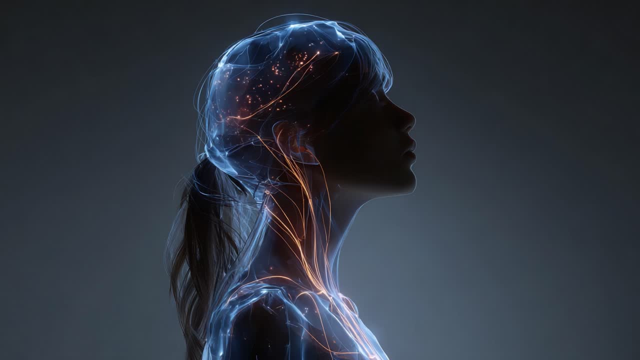 Una rappresentazione visiva accattivante di una silhouette di profilo, illuminata da intricate linee luminose che simboleggiano le connessioni neurali e la complessità della mente umana.