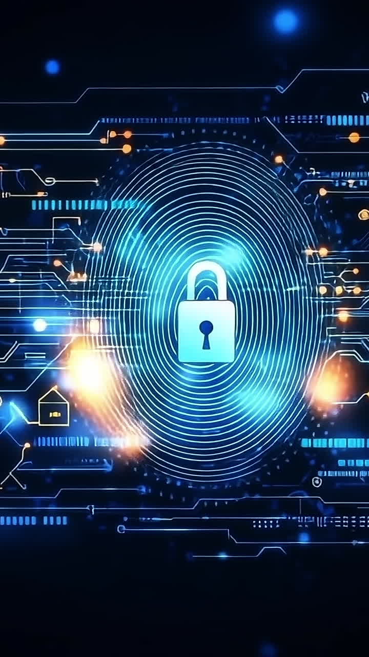 Secure digital lock network. A digital network featuring a lock symbol on a fingerprint background, highlighting data security and encryption.