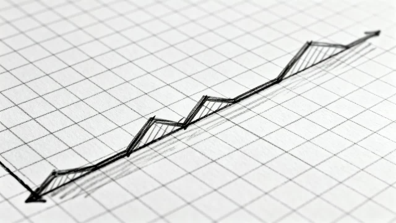 Panning camera revealing sketched rising zigzag trend on graph paper to emphasize arrowhead