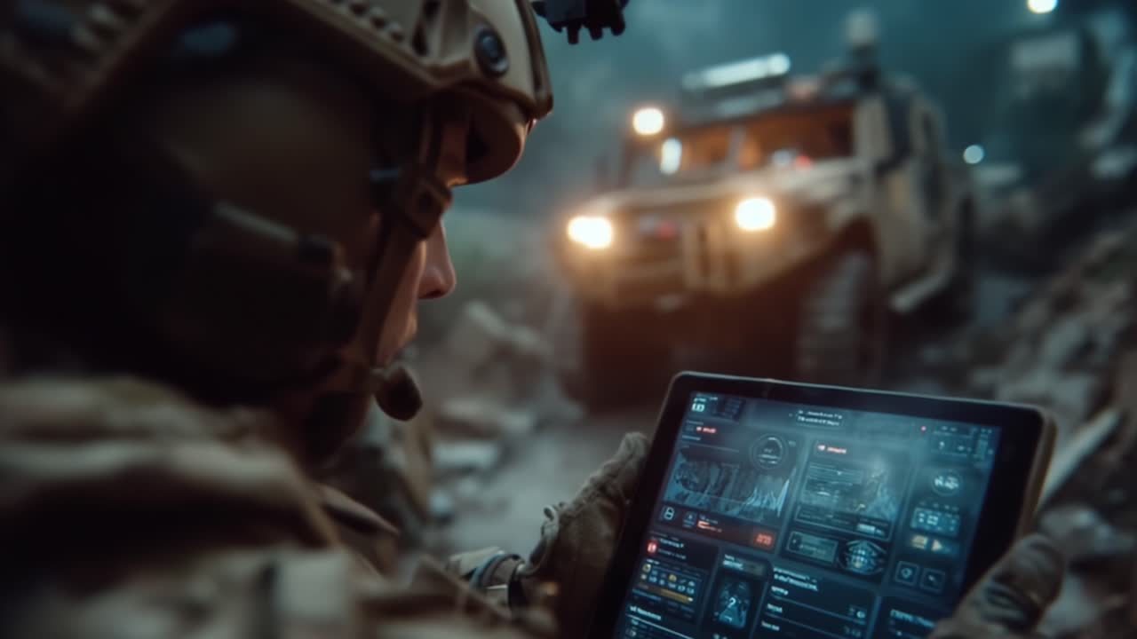 A soldier interacts with advanced technology while navigating a rugged environment, showcasing the integration of military tactics and digital surveillance