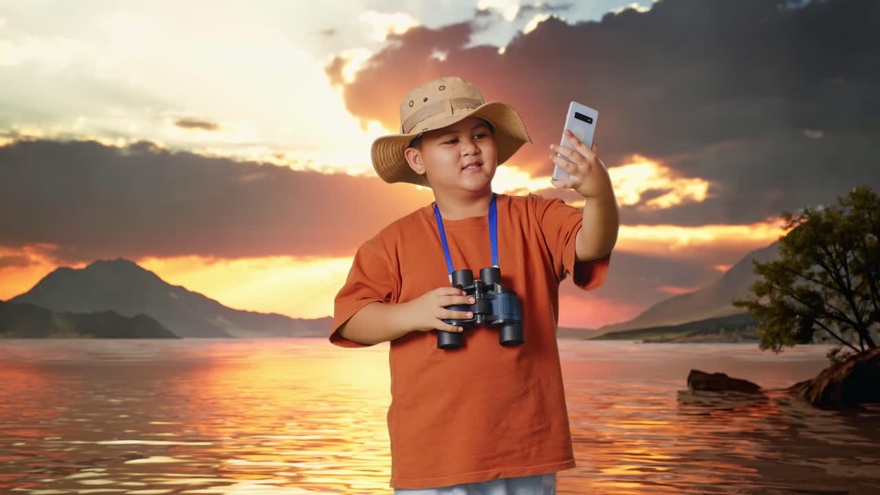 niño asiático con un sombrero y binoculares agitando la mano haciendo una llamada de video en el teléfono inteligente en un lago. niño investigador examina algo, aventura de turismo de viaje