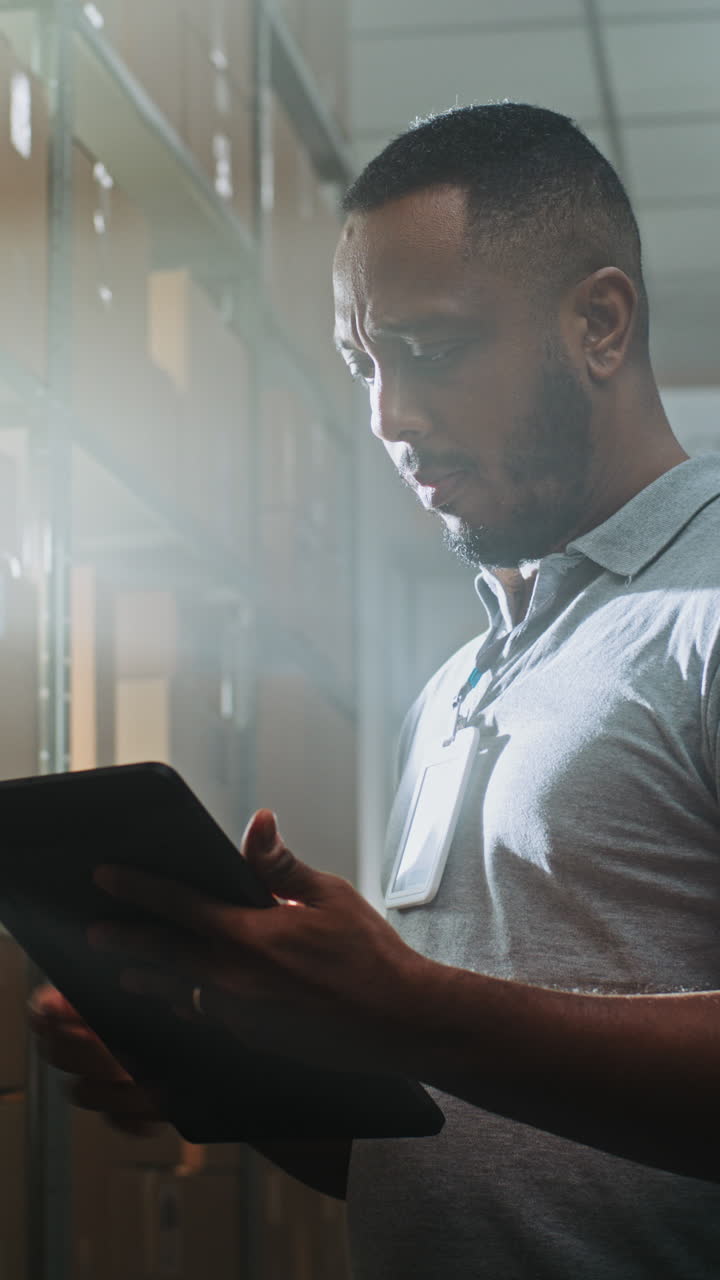 Warehouse worker inspecting inventory with tablet