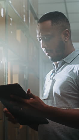 warehouse worker inspecting inventory with tablet