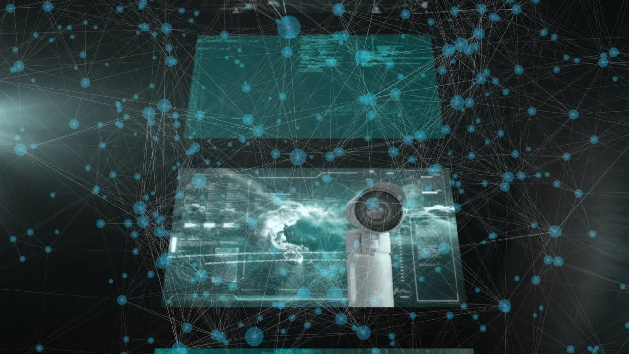 animación de la red de conexiones con pantallas digitales sobre fondo negro