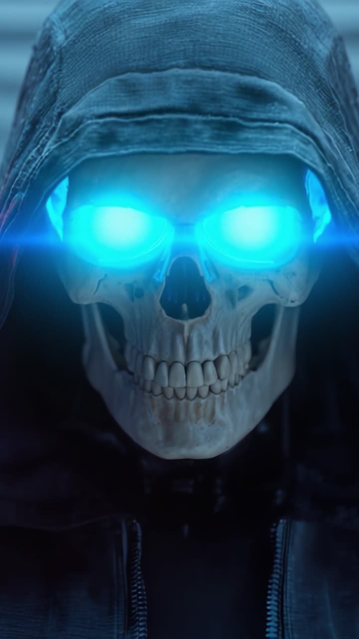 Una figura di teschio robotico inquietante e futuristica con occhi blu luminosi, avvolta in un cappuccio scuro, che presenta una facciata inquietante ma accattivante di realismo metallico