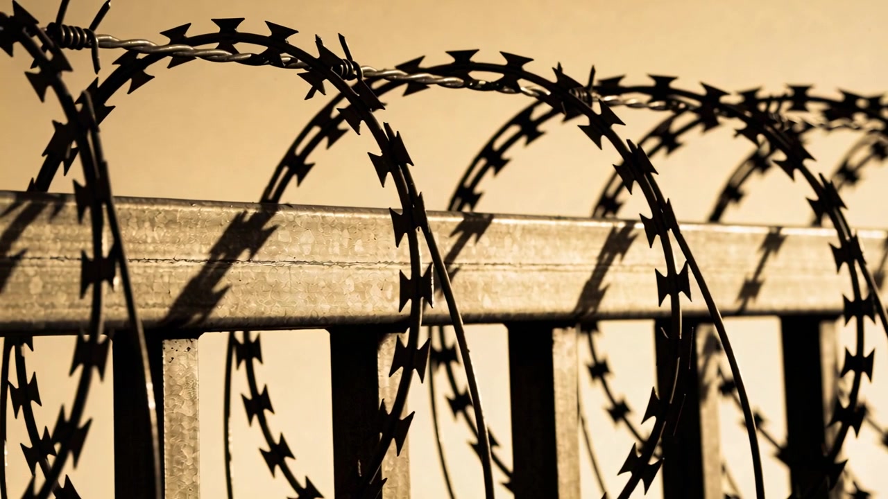 Shifting camera bringing coiled razor wire closer at metal rail, showing nearest loop and shadows