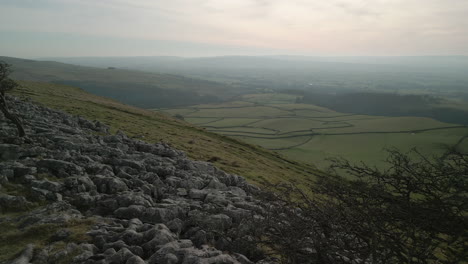 windswept trees on rocky hillside with reveal of misty green patchwork fields in english countryside yorkshire uk
