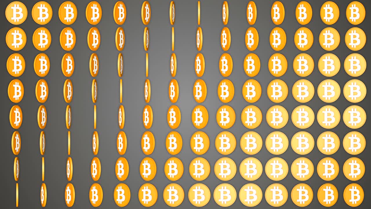 Bitcoin cryptocurrency grey background rotating coins pattern