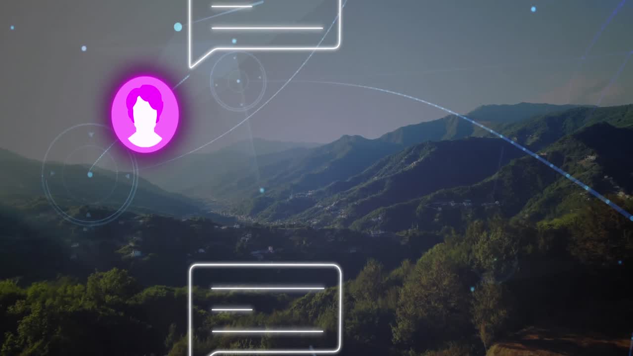 animación de iconos de perfiles y mensajes a través de una red de conexiones contra un paisaje con montañas