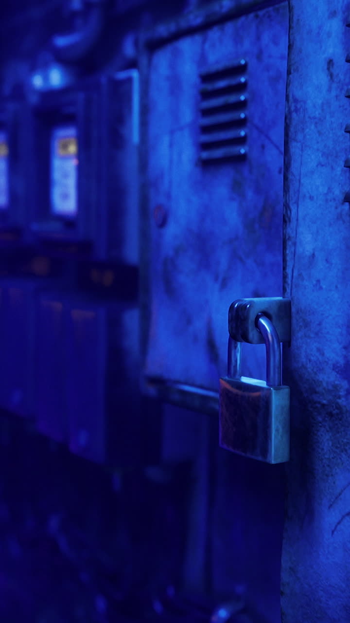 Mysterious storage room with blue lighting and padlocked doors