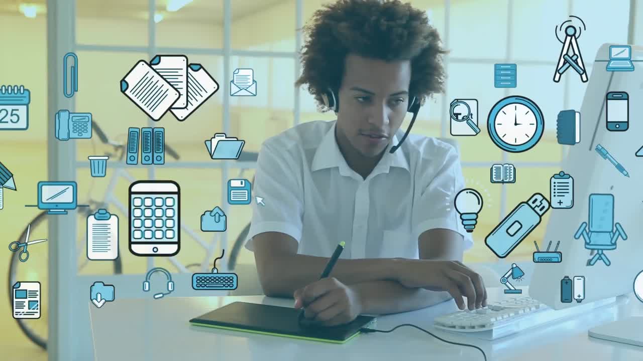 Animation of blue icons flying over a man using phone headset at home