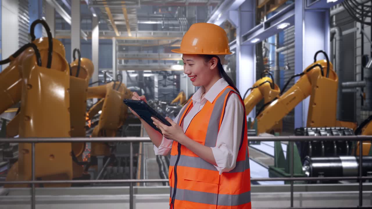 Side View Of Asian Female Engineer With Safety Helmet Taking Note On The Tablet While Standing With Industrial Robotic Arms Working