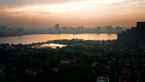 aerial view of city skyline at sunset over a lake