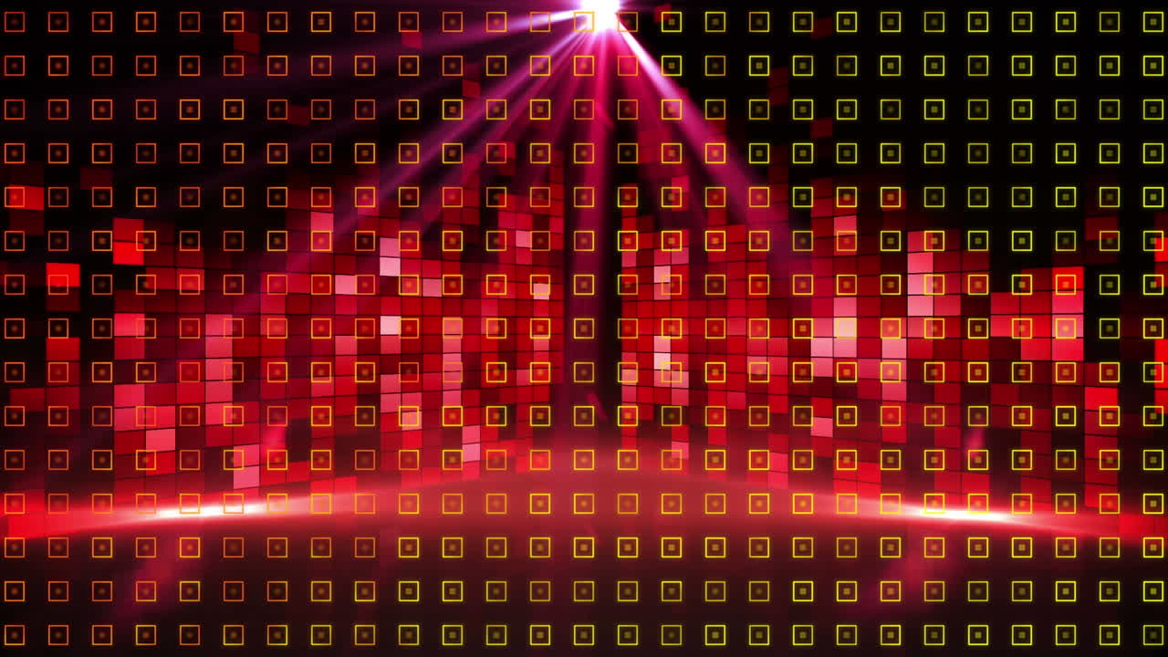검은 바탕에 있는 빨간 모자이크 사각형 위에 있는 빛의 흔적과 빛의 점의 디지털 애니메이션