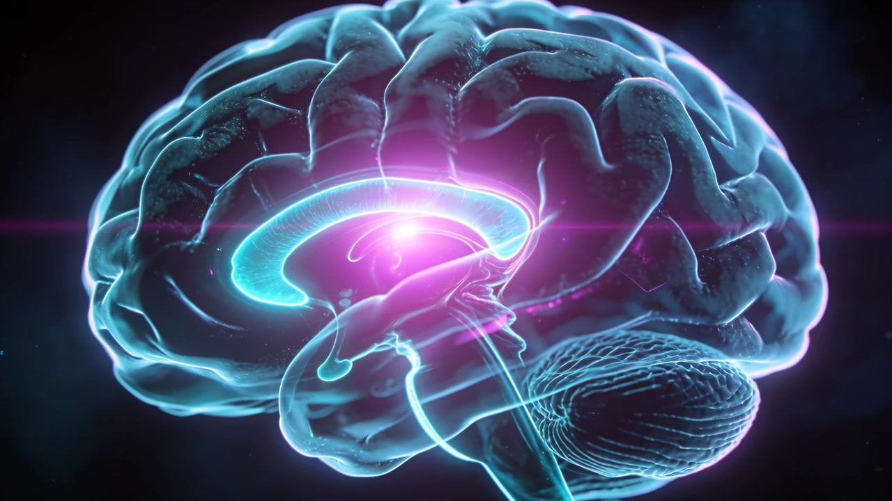 Pulsing magenta core driving cyan brain model activation into callosum in dark studio