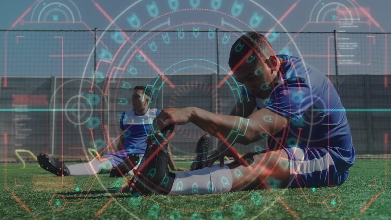 animación del escaneo del alcance y el procesamiento de datos sobre los jugadores de fútbol que se calientan