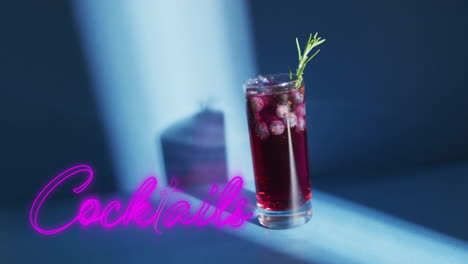 animation of cocktails neon text and cocktail on blue background