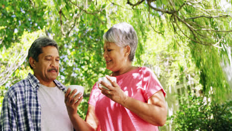 Senior-couple-interacting-while-having-coffee-in-park