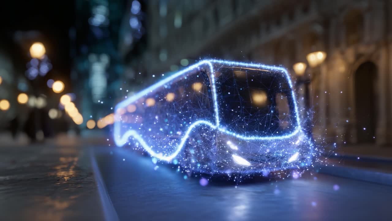 Een futuristische bus verschijnt als een gloeiende, digitale entiteit die door een stadsstraat rijdt, verlicht door sfeervolle lichten, en vangt de essentie van technologische vooruitgang