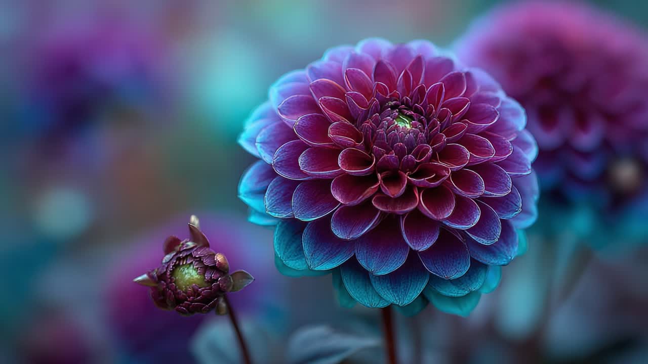 A Stunning Close-Up View of a Vibrant Purple Dahlia Flower with Intricate Petals, Emphasizing Its Nature's Beauty and Brightness Against a Soft Background