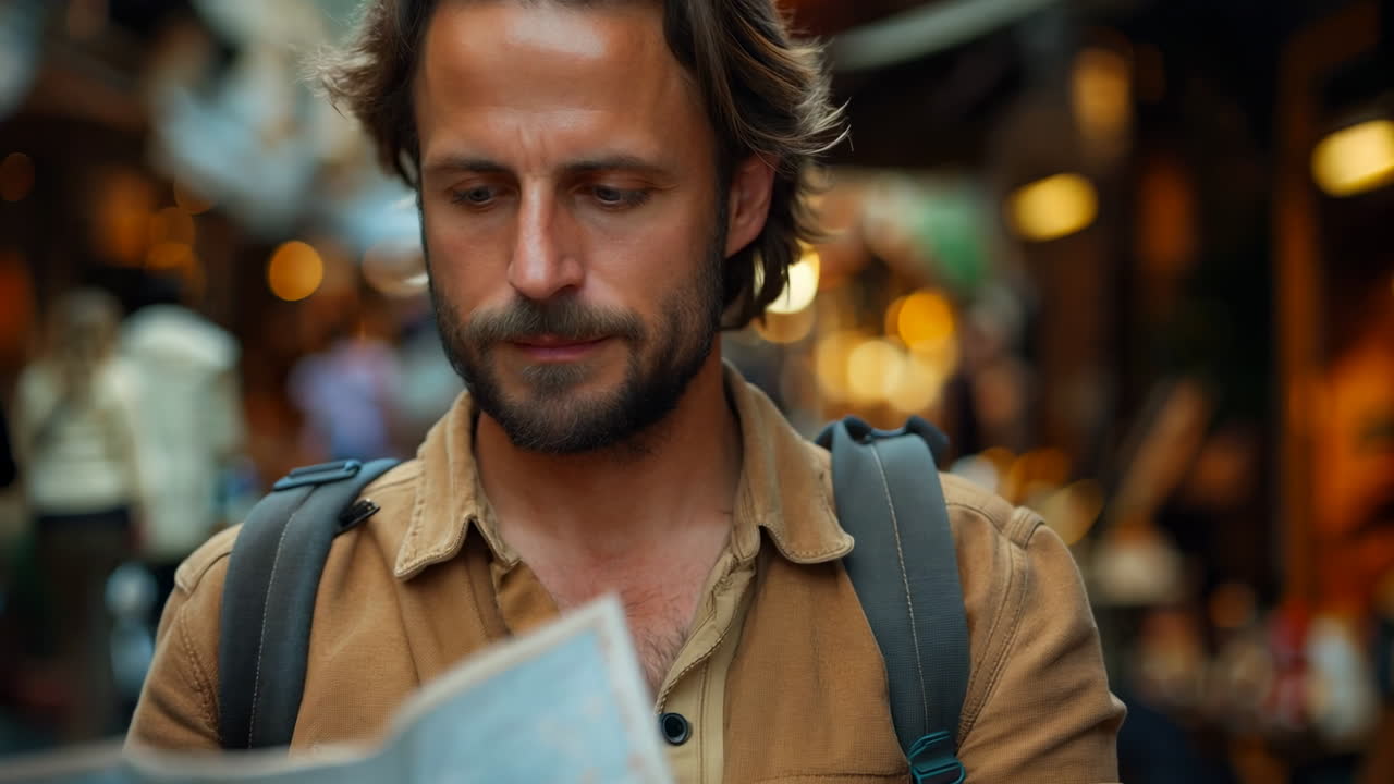 Exploring Local Markets With a Map During Daytime Adventure. A traveler studies a map while navigating through vibrant local markets filled with unique shops and lively crowds.