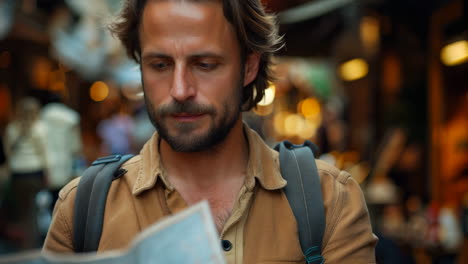 exploring local markets with a map during daytime adventure. a traveler studies a map while navigating through vibrant local markets filled with unique shops and lively crowds.