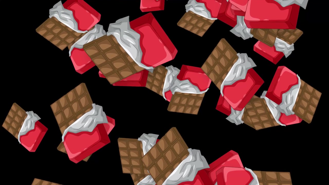 暗い黒の背景に、スタイリッシュなチョコレートバーと赤いイチゴのデザートが絶え間なく落下する