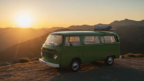 a vintage green camper van at sunrise, surrounded by scenic mountain landscapes, capturing the essence of adventure and freedom on the open road