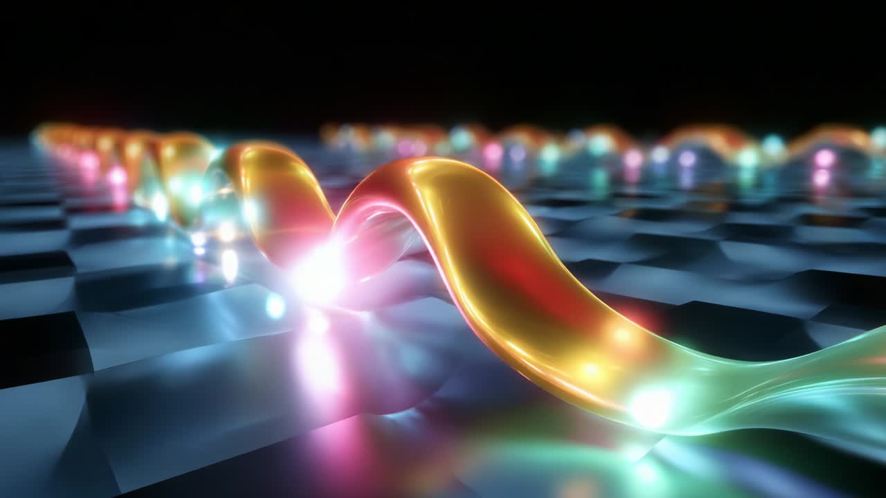 A mesmerizing visualization of vibrant waves traveling across a dynamic surface, showcasing an interplay of light and motion. The illuminated pathways and glowing nodes create an ethereal atmosphere of fluidity and energy