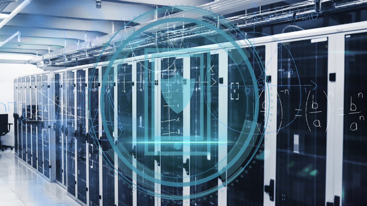 Animation of data processing and smartphone over server room