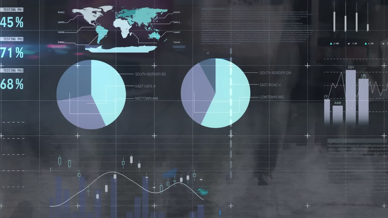 animación del procesamiento de datos estadísticos contra el lapso de tiempo de las personas que caminan por la calle.