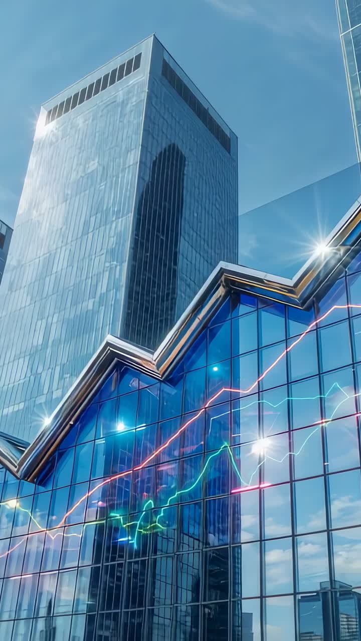Vertical video: Sequence initiating neon chart animation on glass tower downtown showing trends