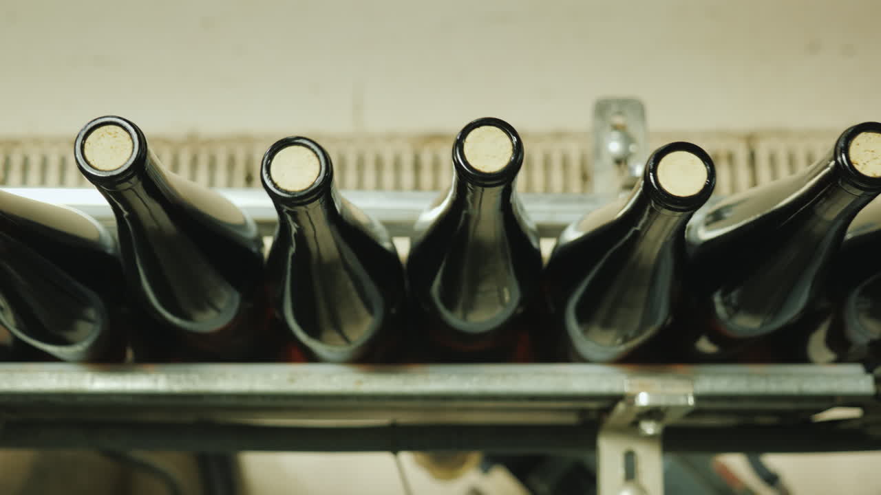 botellas de vino cerradas con un tapón de corcho se mueven a lo largo de la vista de la cinta transportadora desde arriba