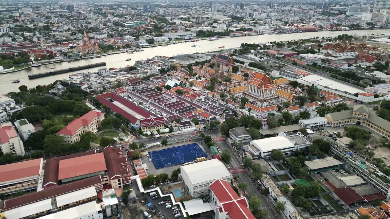 Aerial View of the Grand Palace and Chao Phraya River in Bangkok, Thailand