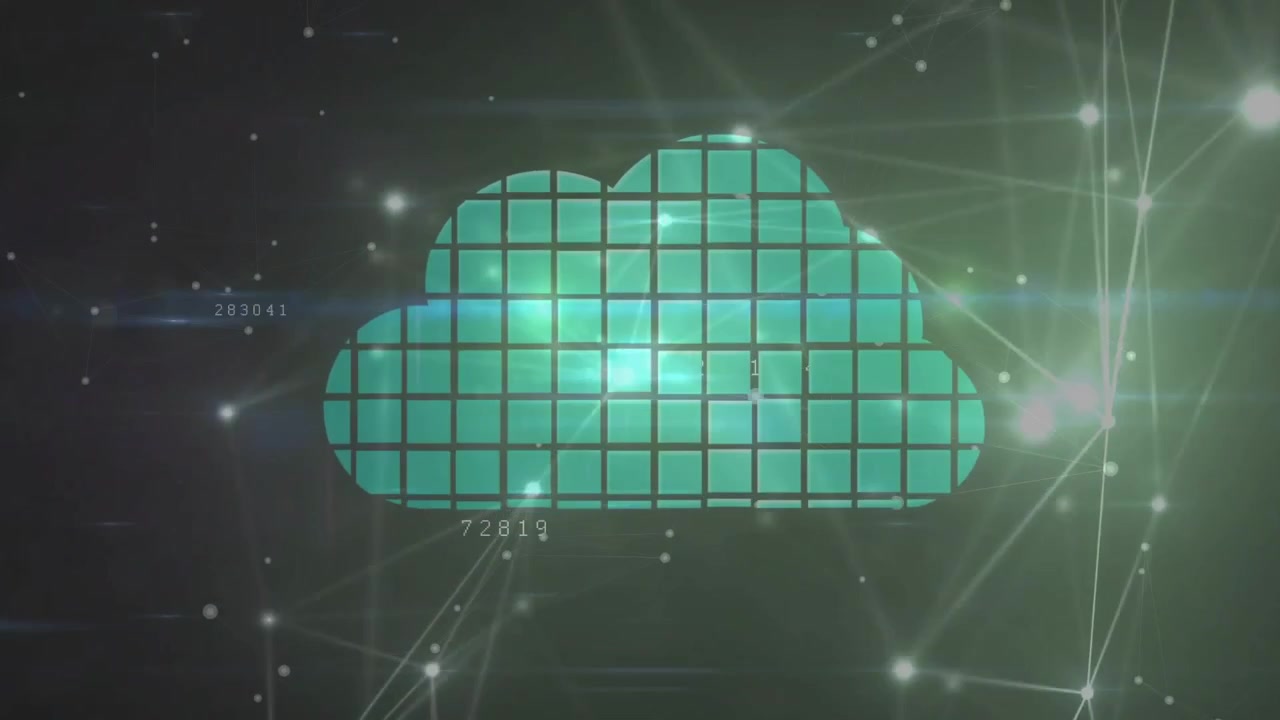 Light flare appearing, rectangles floating rotating converging into cloud representing data network