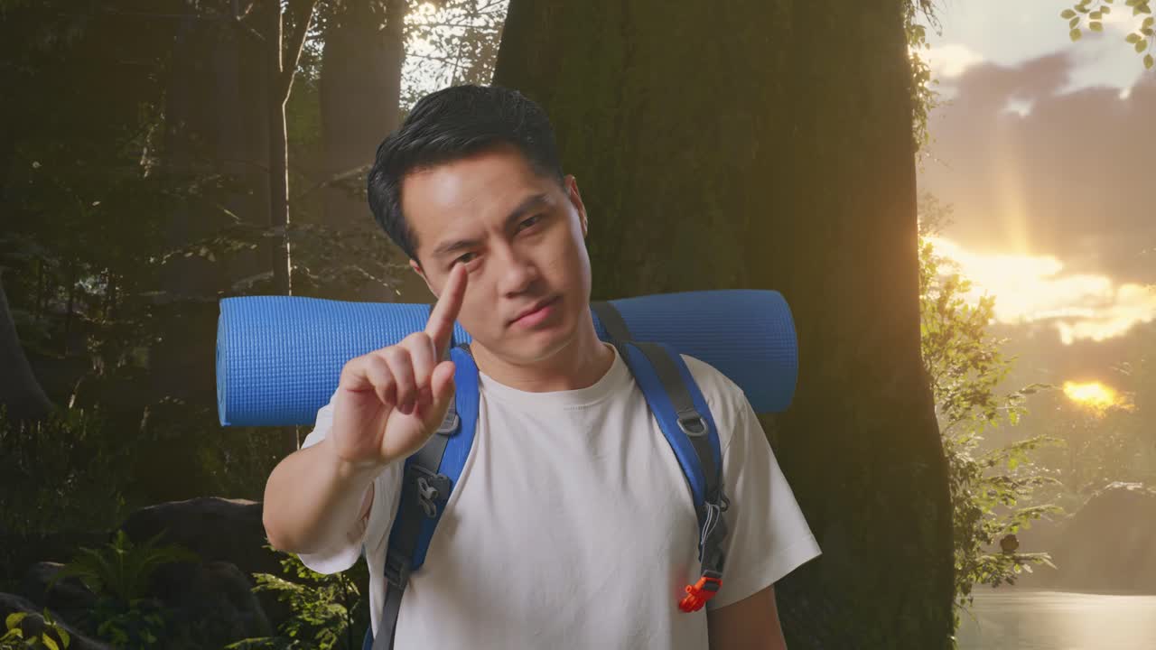 숲의 장면에서 '아니오'를 가리키는 남자