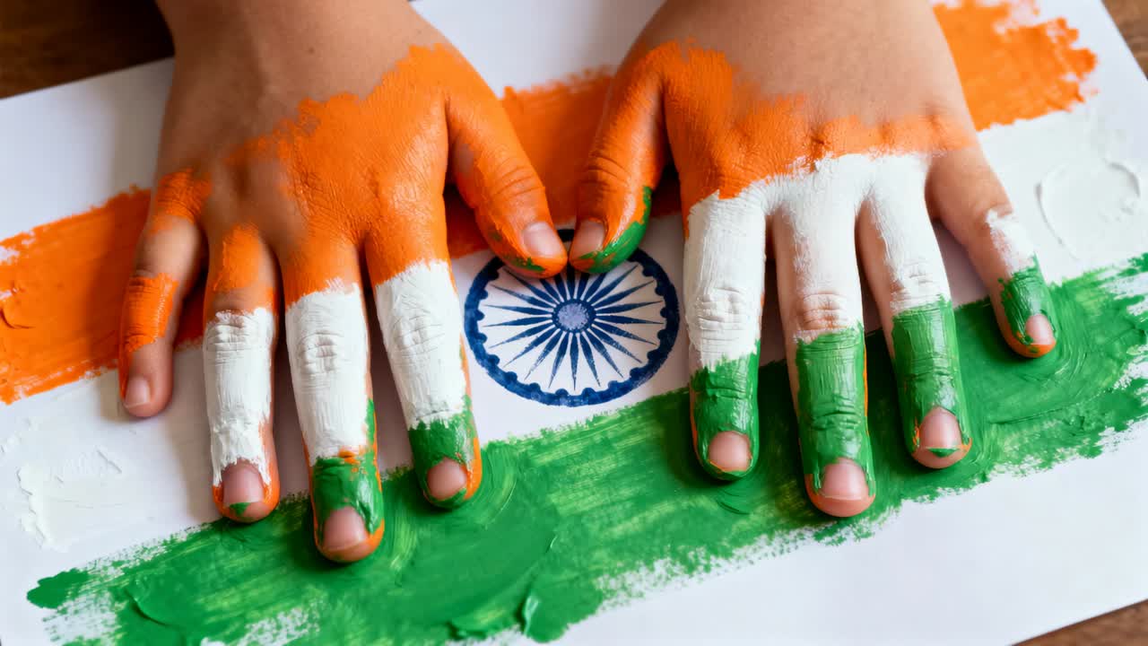 Mani dipinte impresse su un lenzuolo dopo un dipinto tricolore, creando una stampa del Chakra di Ashoka su un tavolo