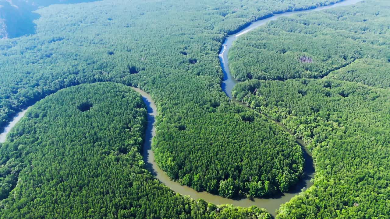 aerial of scenic forest river in Aerial Ao Phang Nga National Park, Southern Thailand