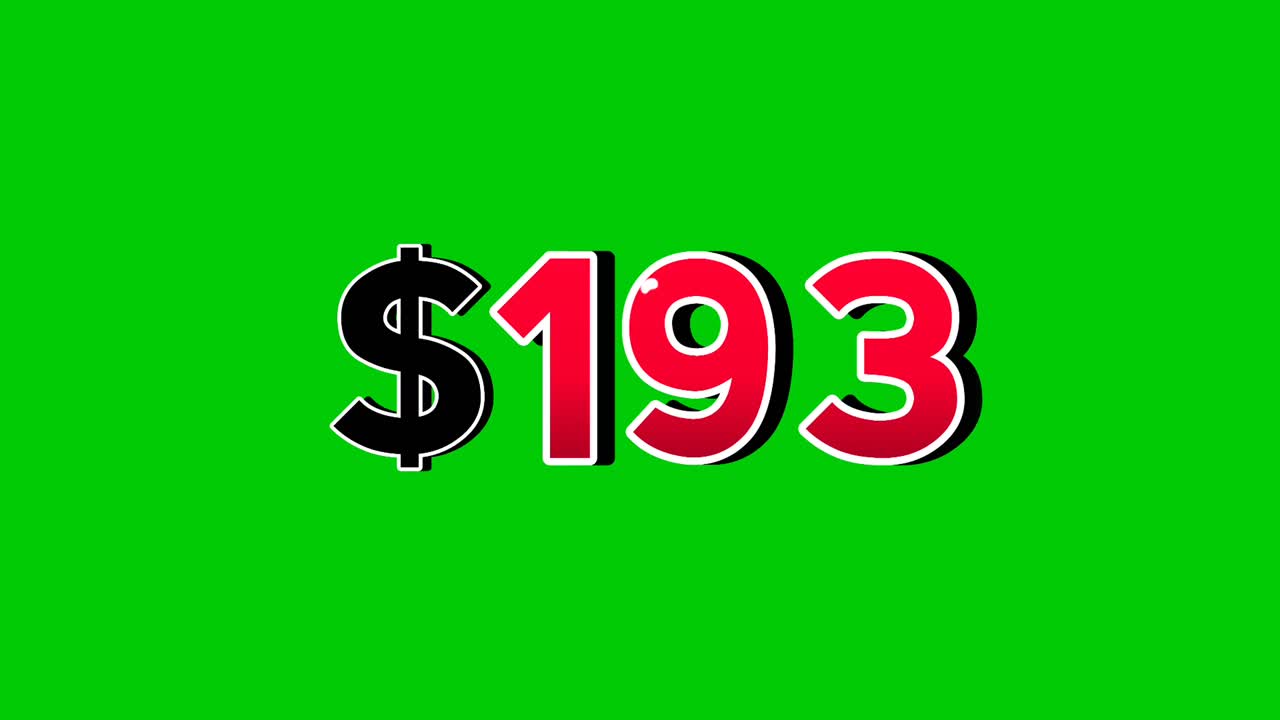 Animation number $193 dollar sign motion graphics with smoke effect green screen background vibrant red numbers. Video 3D effect with shadows for video elements business concept