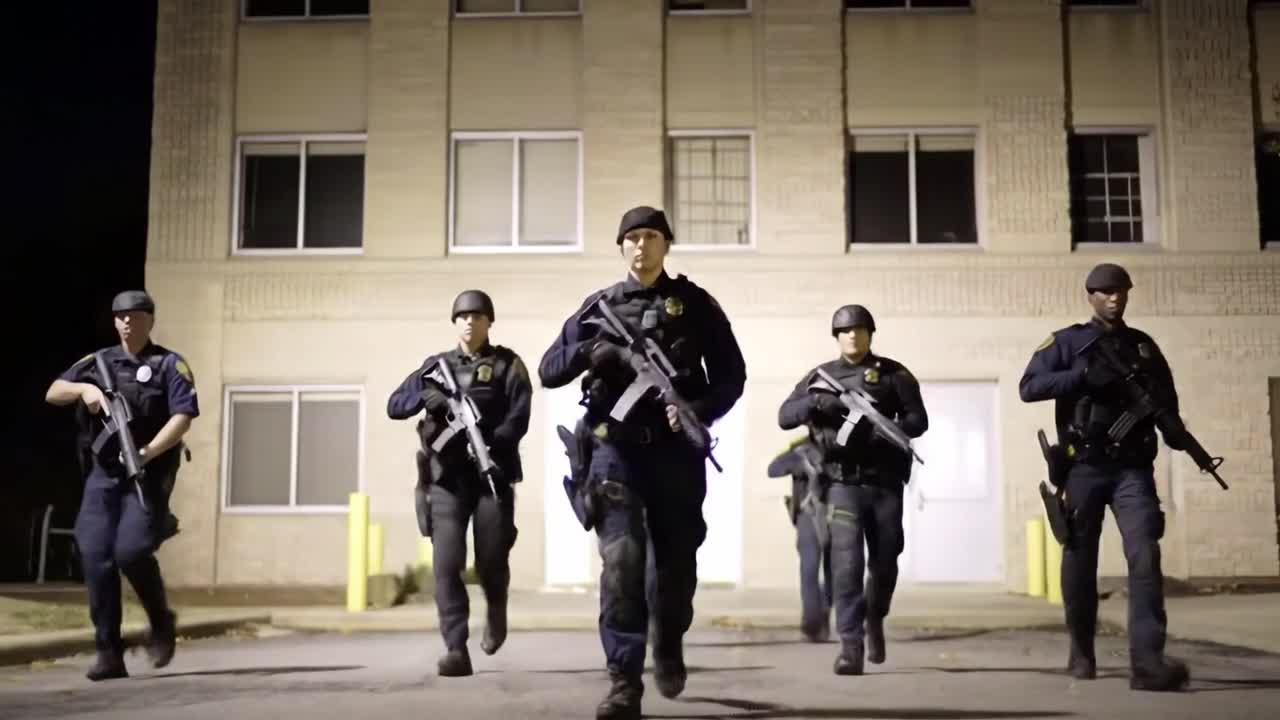 A group of six police officers wearing tactical uniforms and equipped with firearms walk determinedly toward a building at night, showcasing their training and teamwork in an urban setting.