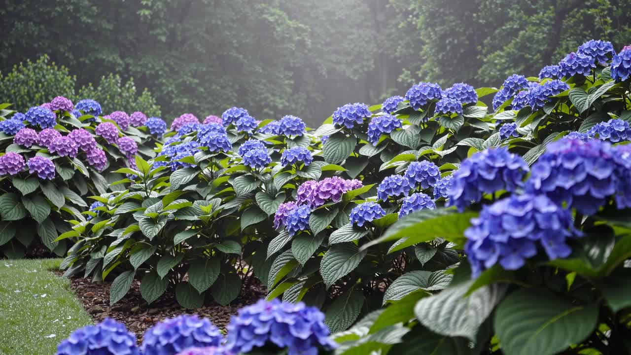 Lush garden with vibrant purple and blue hydrangeas, captured at eye level