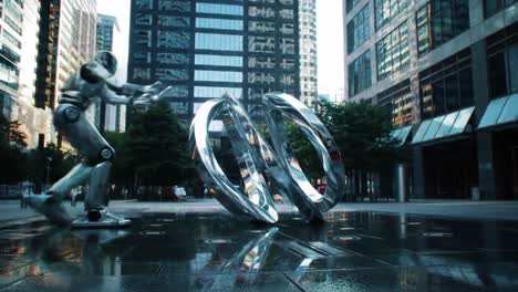 a futuristic dance between a robot and floating rings in an urban landscape, showcasing a stunning display of technology and artistry amidst modern skyscrapers